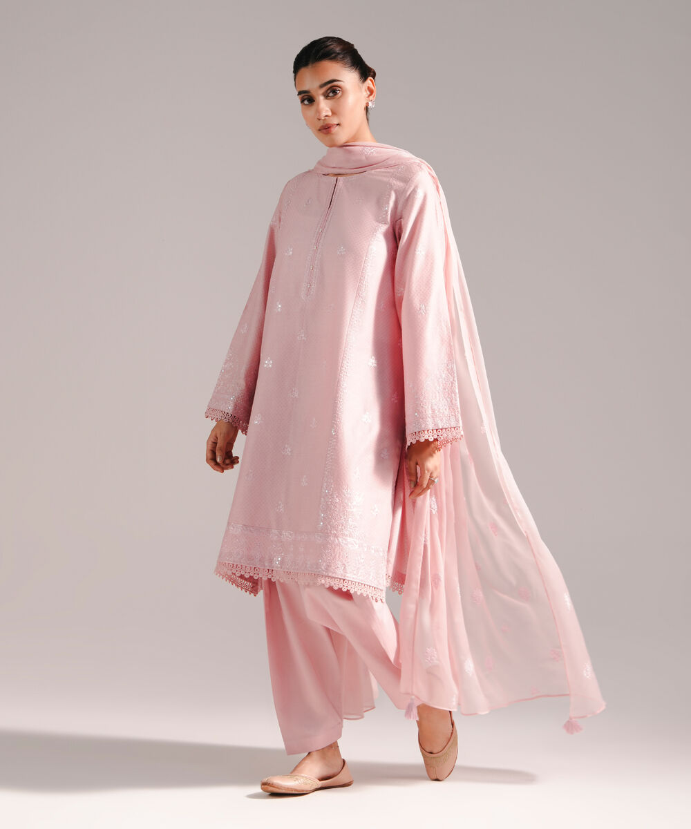 Women's RTW Dobby Embroidered Light Pink 3 Piece Suit