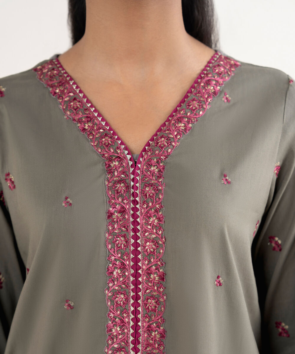 Women's RTW Cotton Viscose Embroidered Grey Straight Shirt