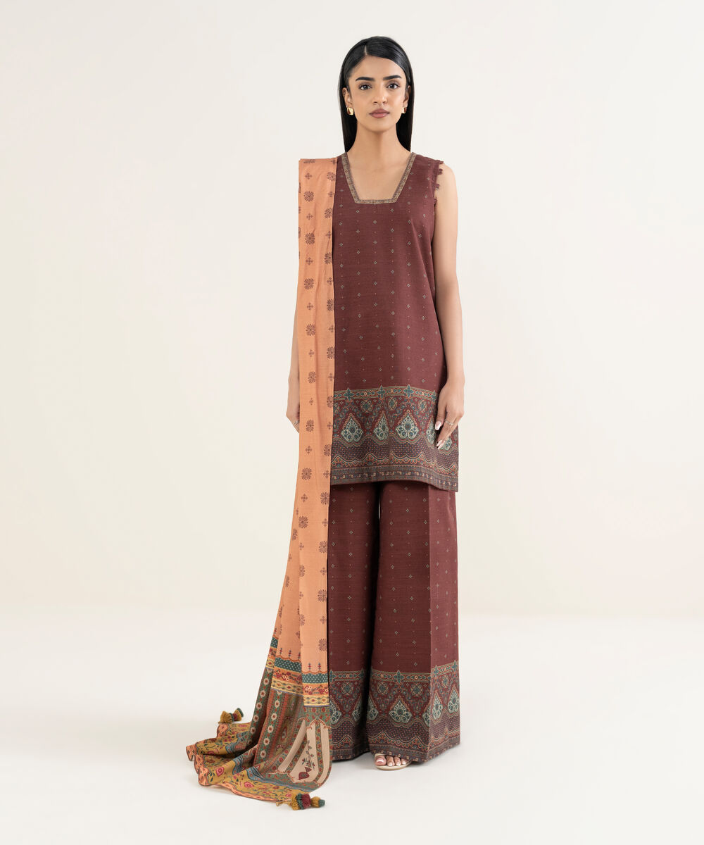 Women's Unstitched Printed Light Khaddar Maroon 3 Piece Suit