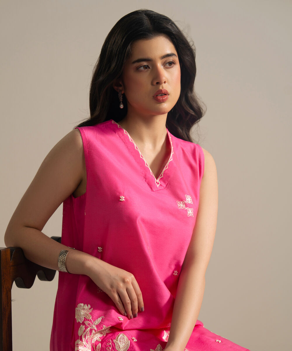 Women's RTW Silk Cotton Net Embroidered Pink 2 Piece Suit