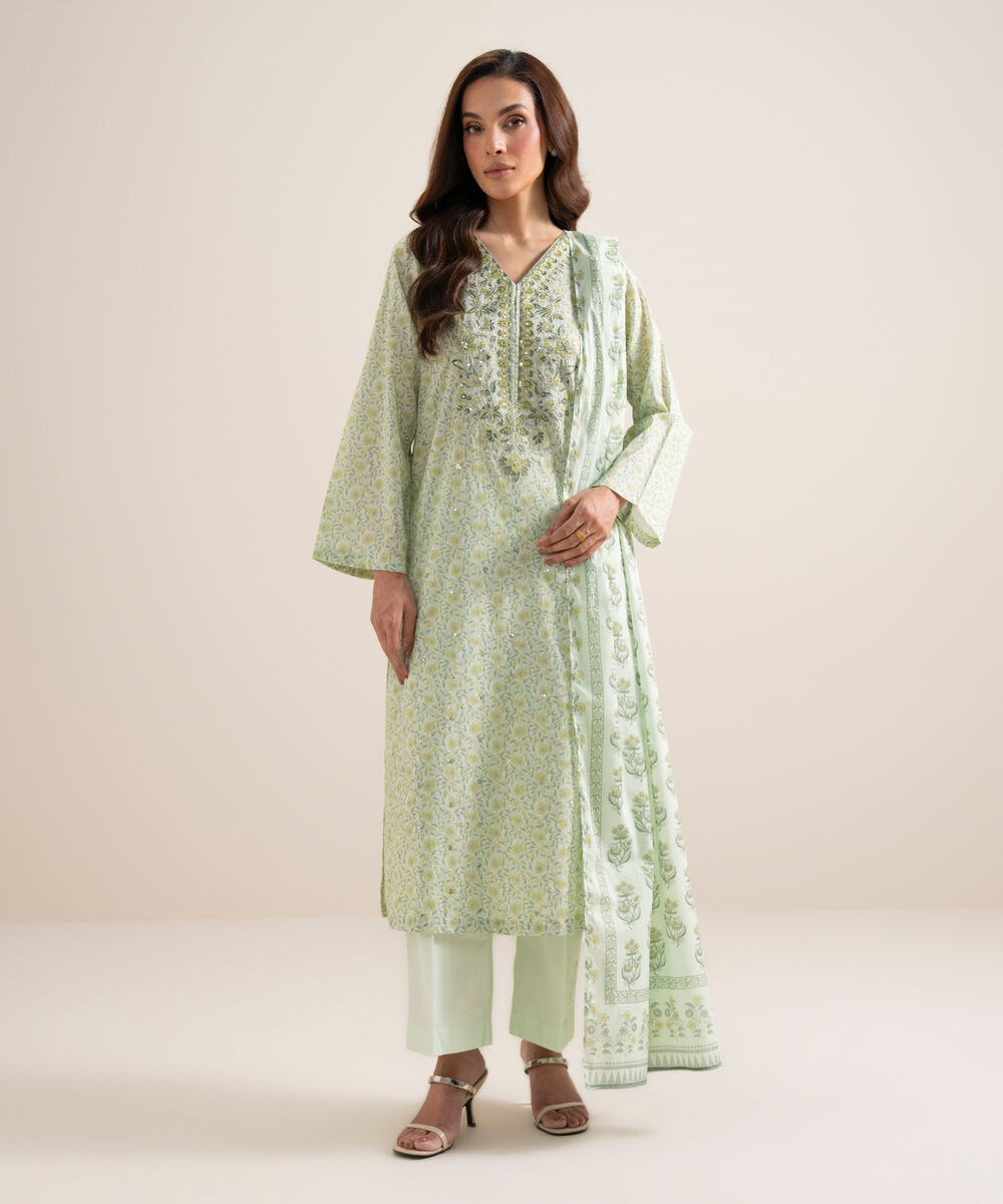 Women's Unstitched Lawn Embroidered Off White and Light Pink 3 Piece Suit