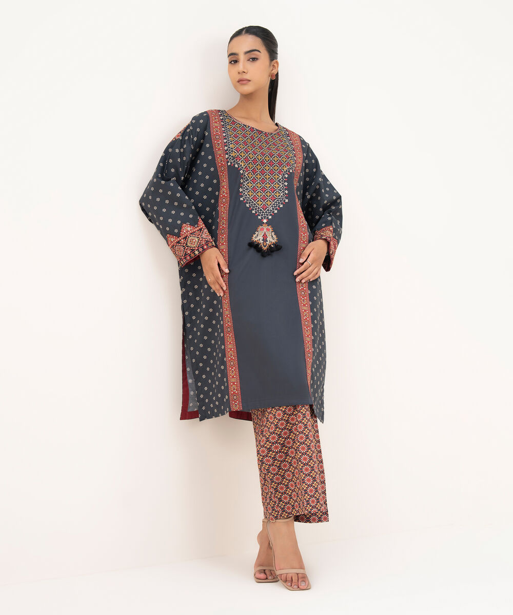 Women's RTW Cambric Black Embroidered Drop Shoulder Shirt