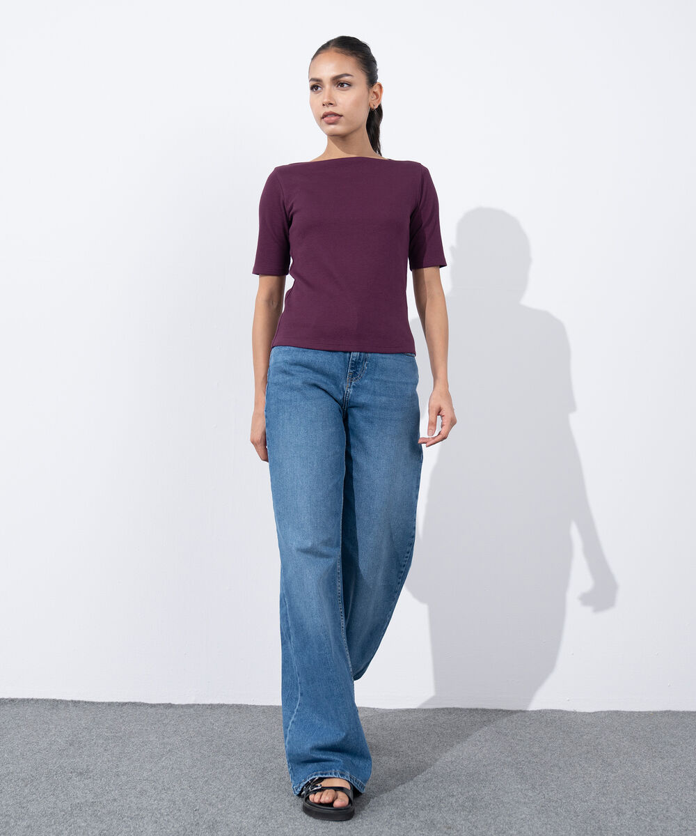 Women's Western Wear Purple Slash Neck Rib Top