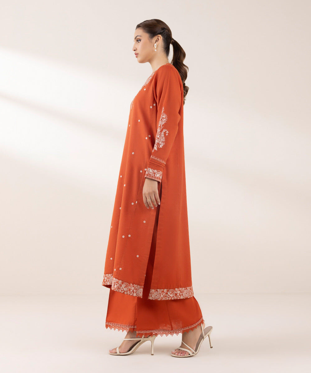 Woman - Orange Embroidered Cotton Karandi Shirt