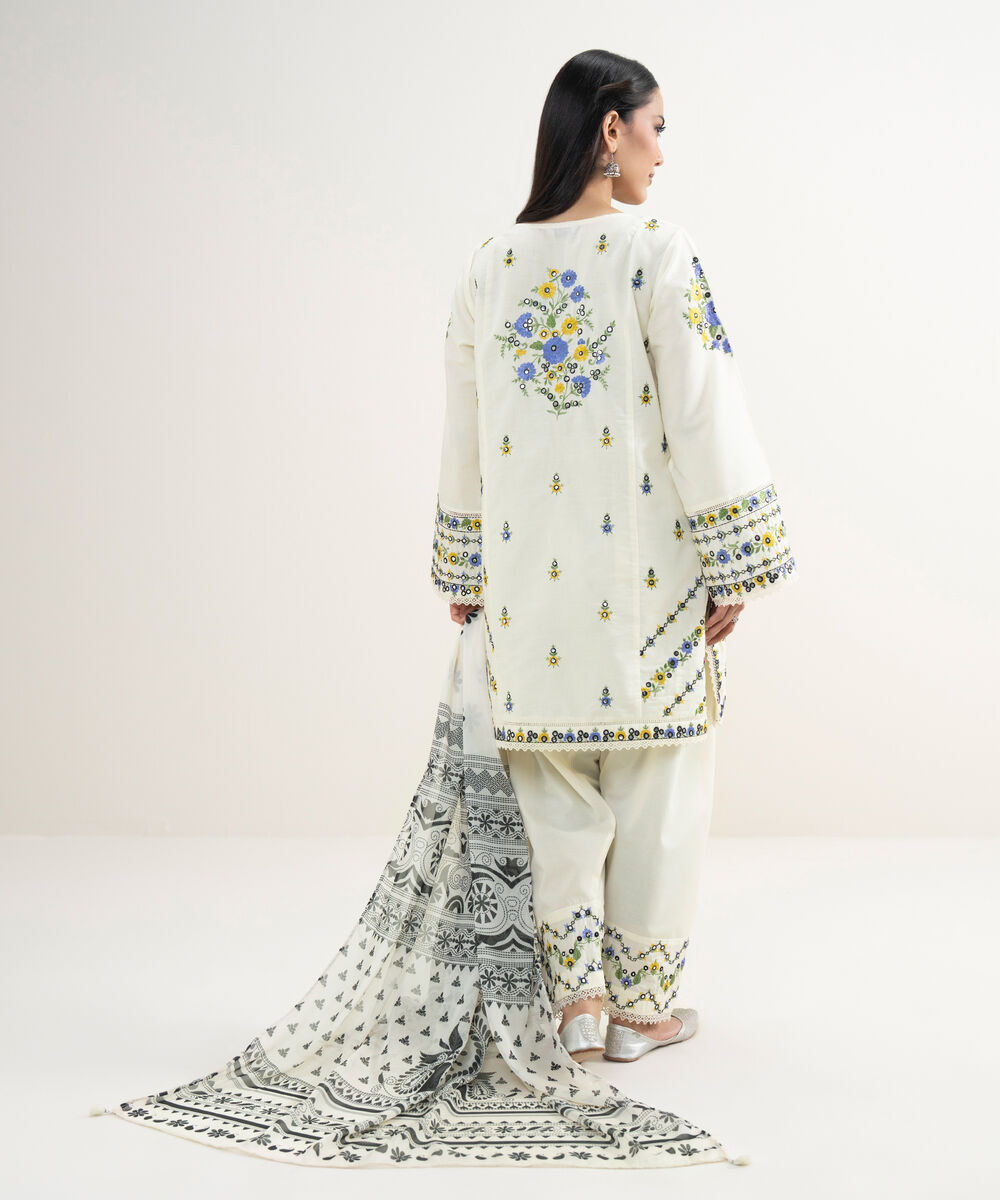 Women's RTW Zari Cotton Embroidered Off White 3 Piece Suit