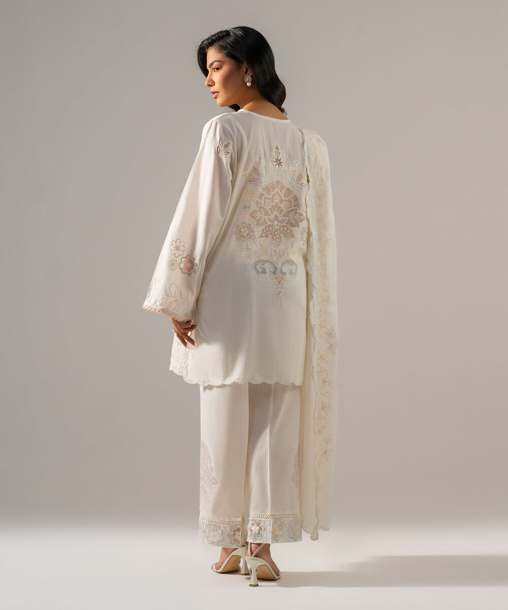 Women's RTW Lawn Solid Embroidered Off White 3 Piece Suit