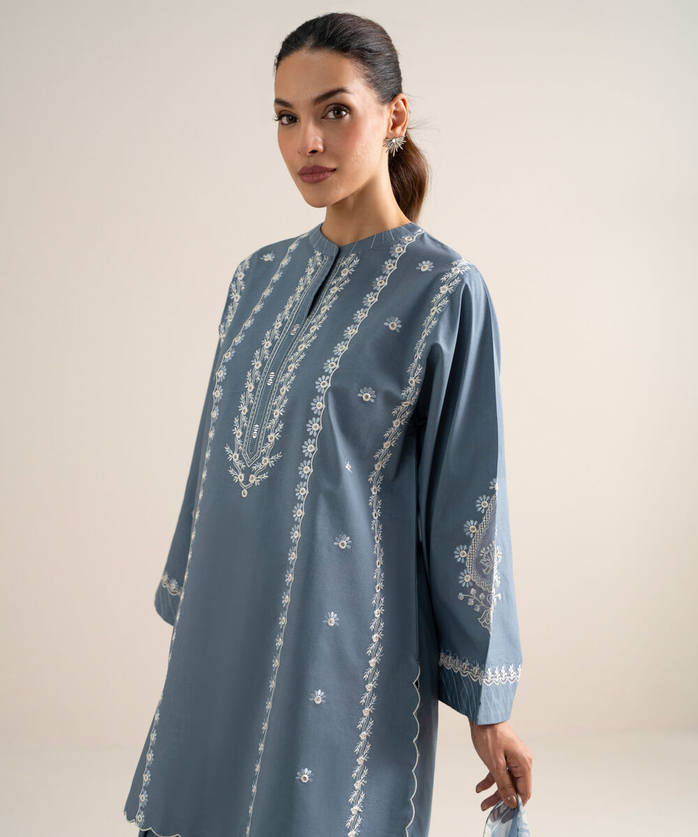 Women's Unstitched Lawn Embroidered Blue  3 Piece Suit