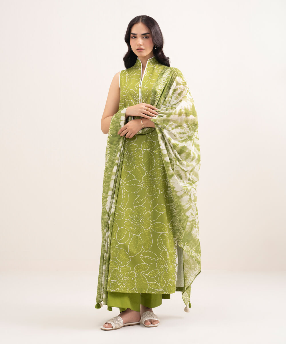 Women's Unstitched Lawn Printed Green 3 Piece Suit