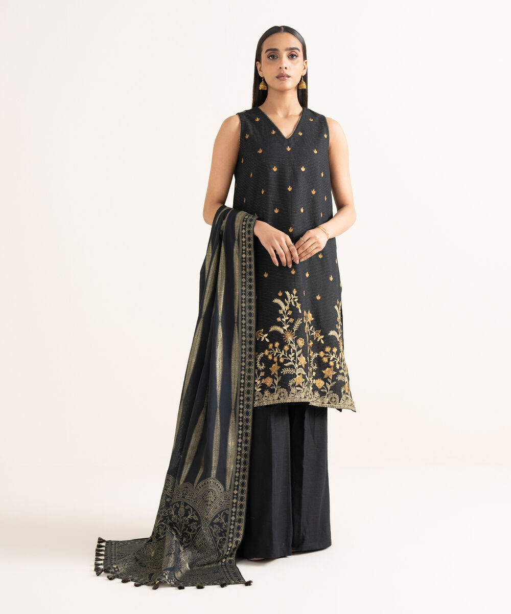 Women's Unstitched Embroidered Zari Khaddar Black 3 Piece Suit