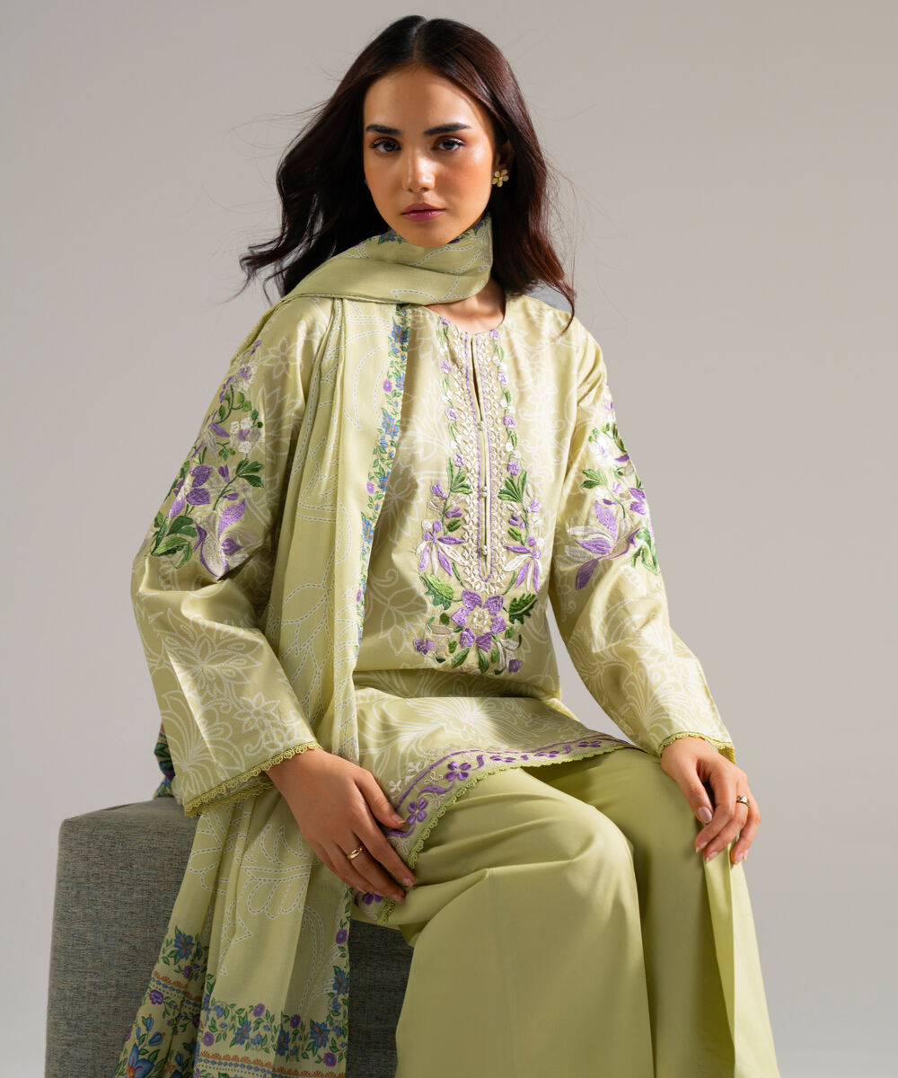 Women's RTW Cambric Embroidered Green 3 Piece Suit