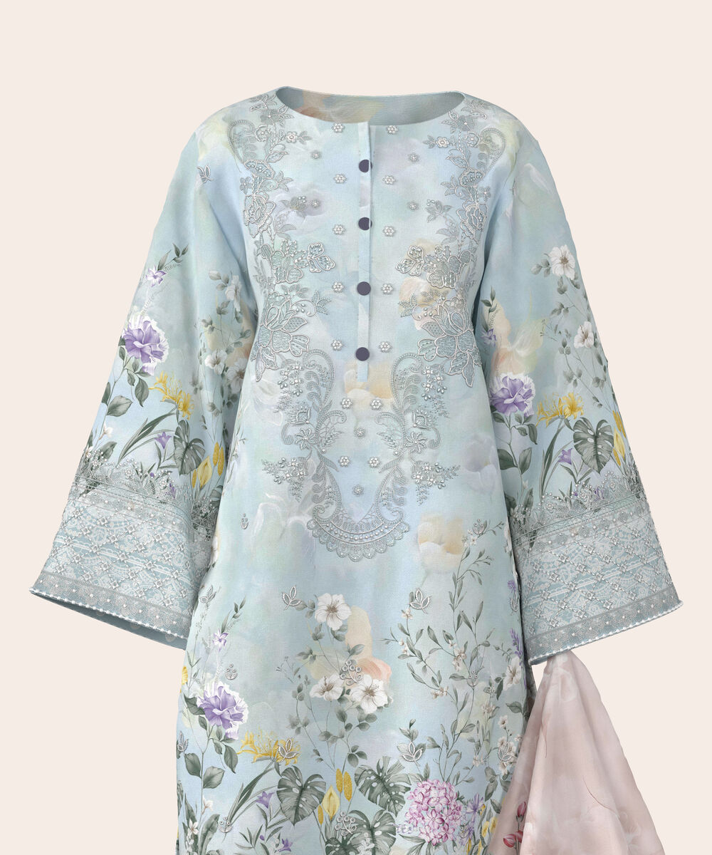 Women's Unstitched Lawn Light blue  Embroidered 3 Piece Suit