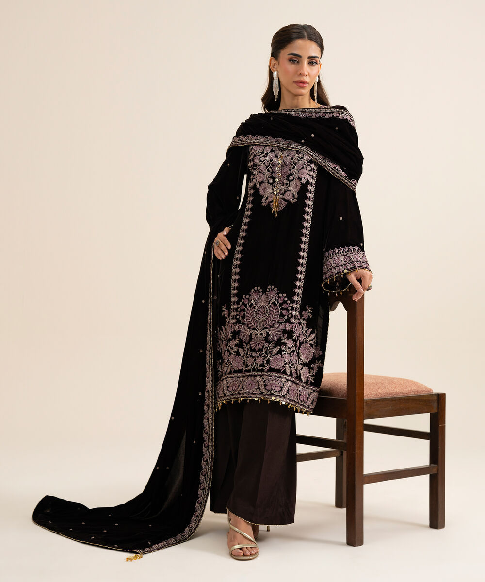 Women's Unstitched Velvet Embroidered Plum 3 Piece Suit