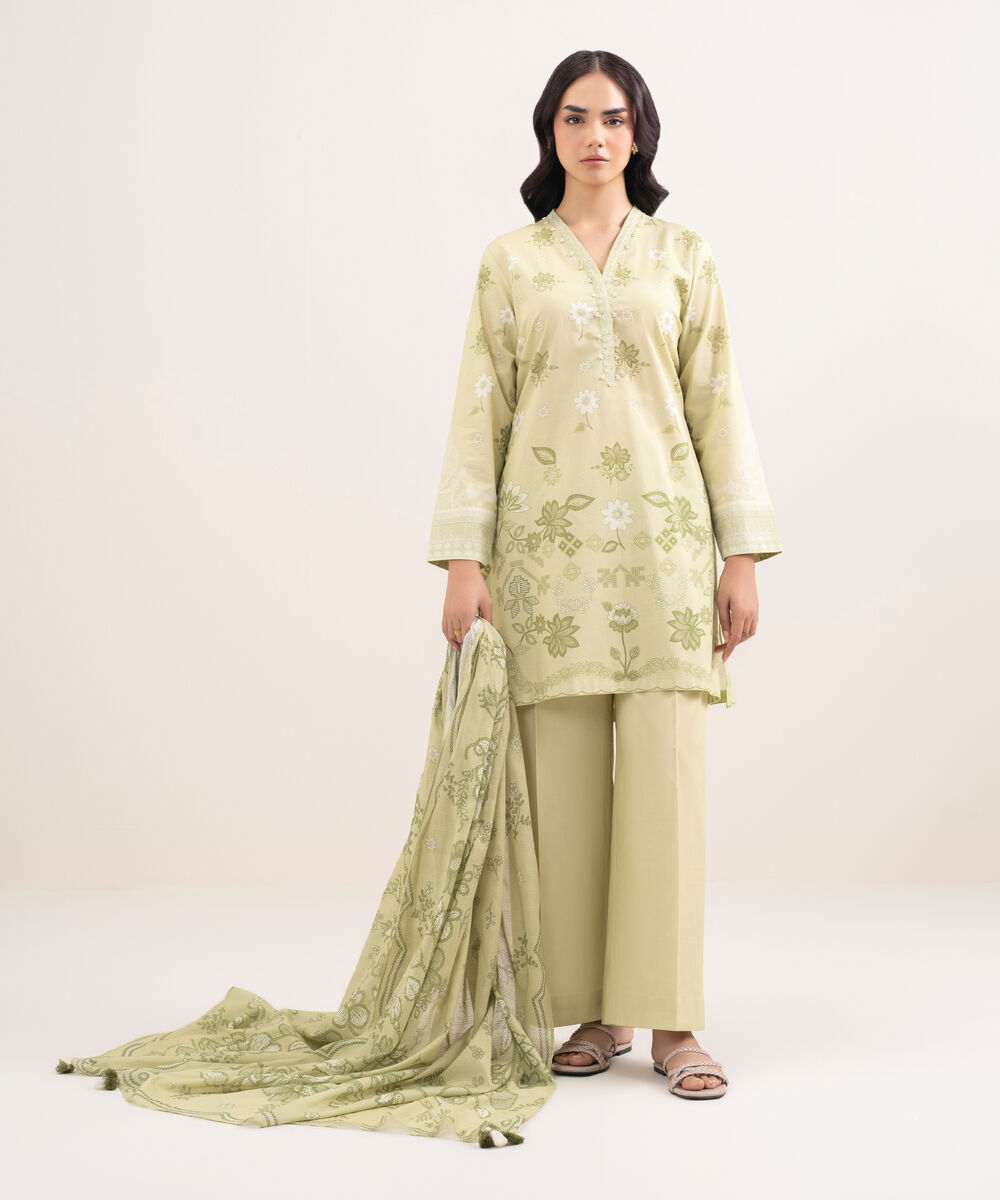 Women's Unstitched Lawn Printed Beige 3 Piece Suit