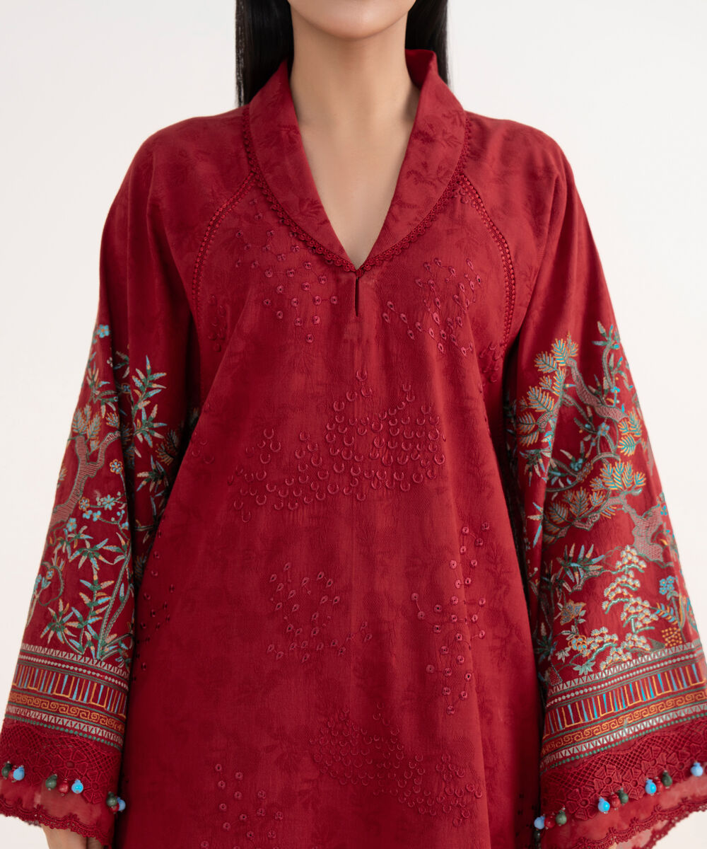 Women's Unstitched Cotton Jacquard Embroidered Red 3 Piece Suit