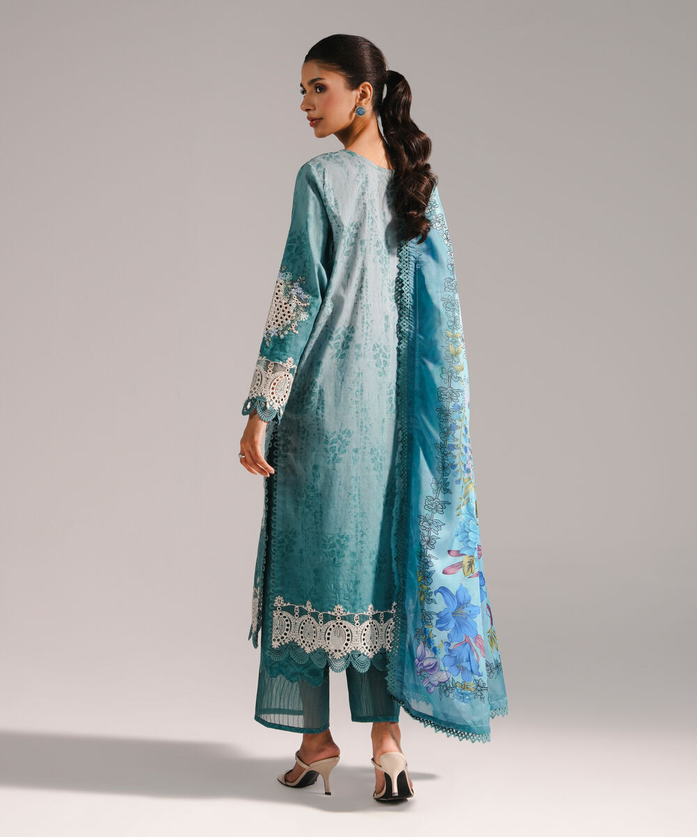 Women's RTW Self Jacquard Embroidered Blue 3 Piece Suit