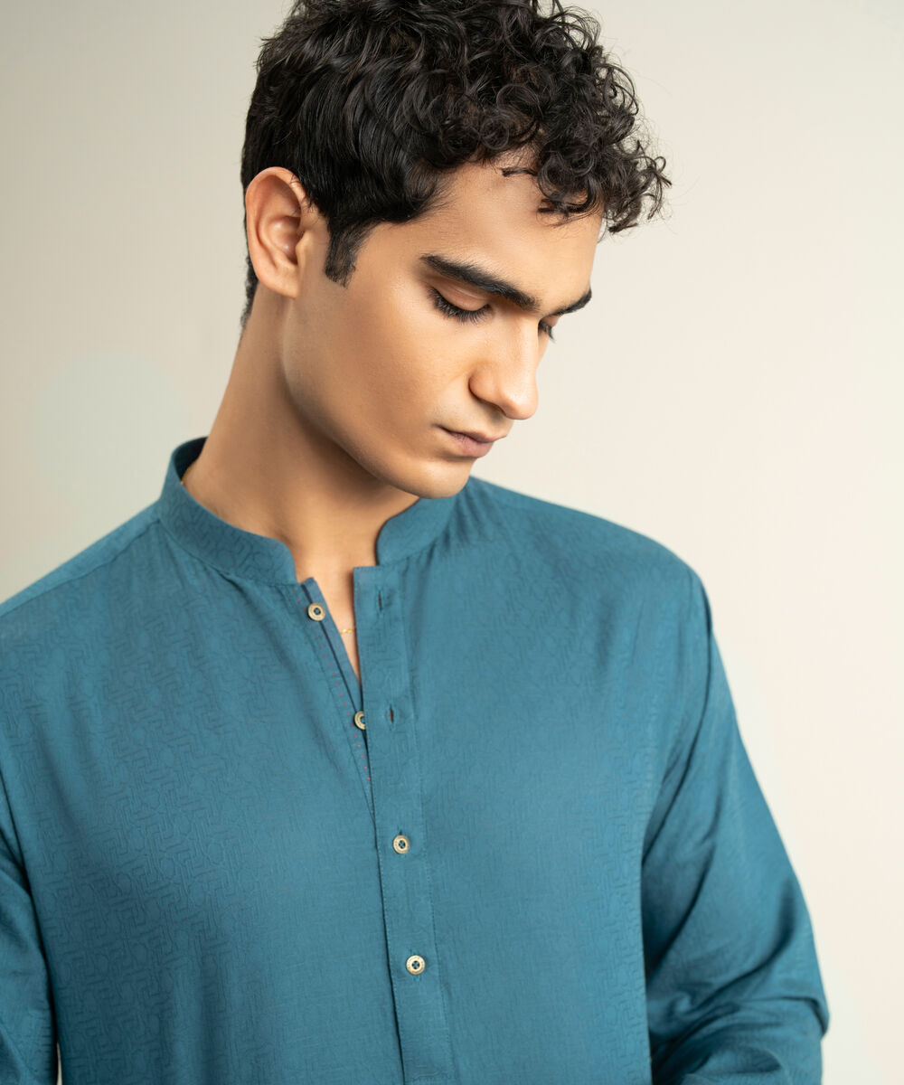Men's teal Cotton Jacquard Kurta