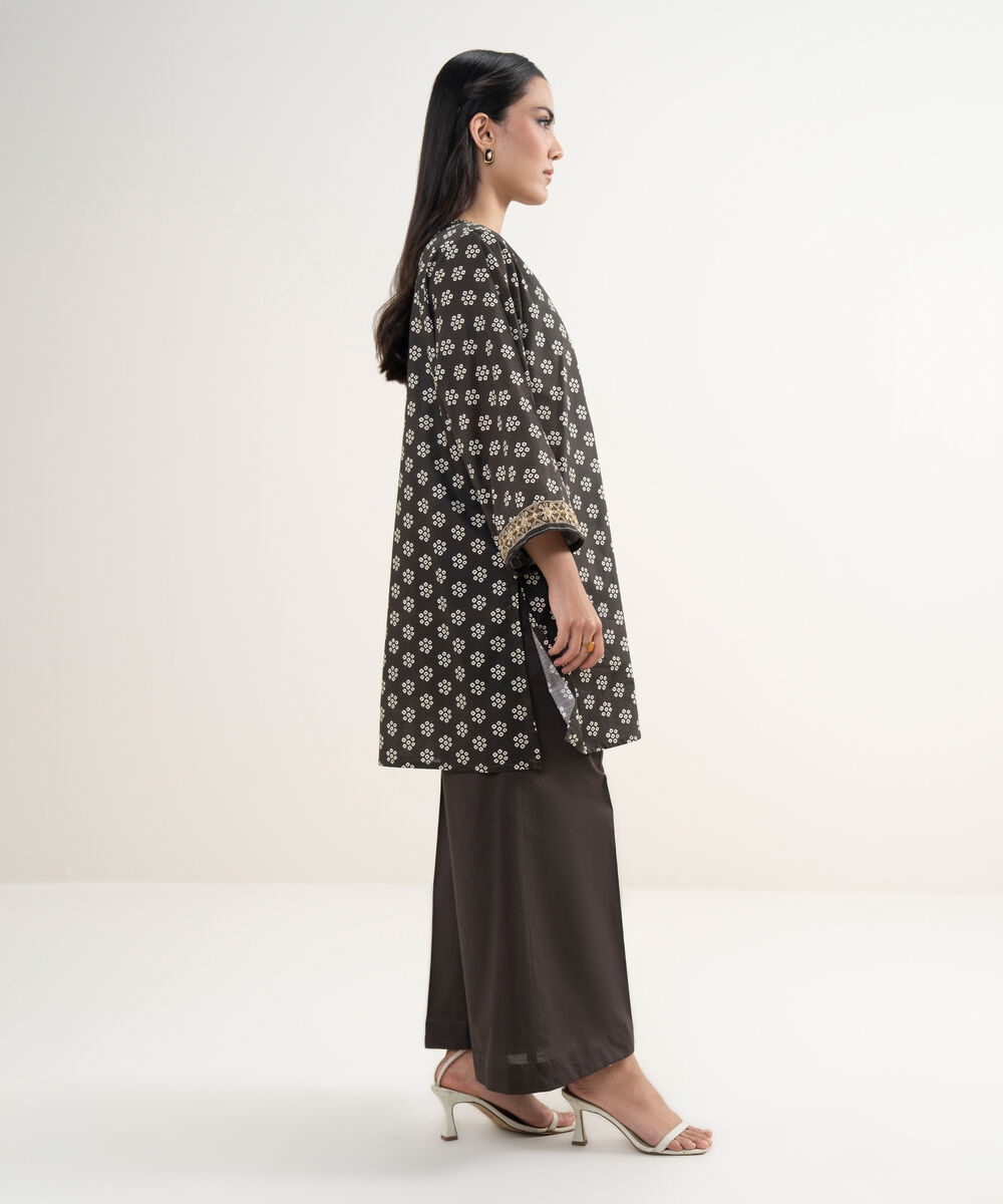 Women's RTW Slub Lawn Embroidered Dark Brown Straight Shirt