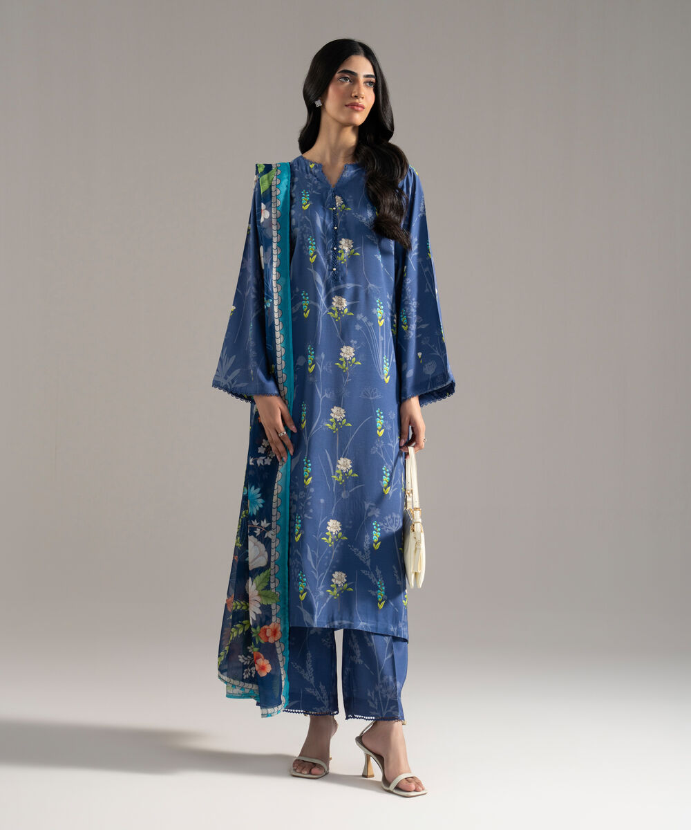 Women's RTW Viscose Raw Silk Printed Blue 3 Piece Suit