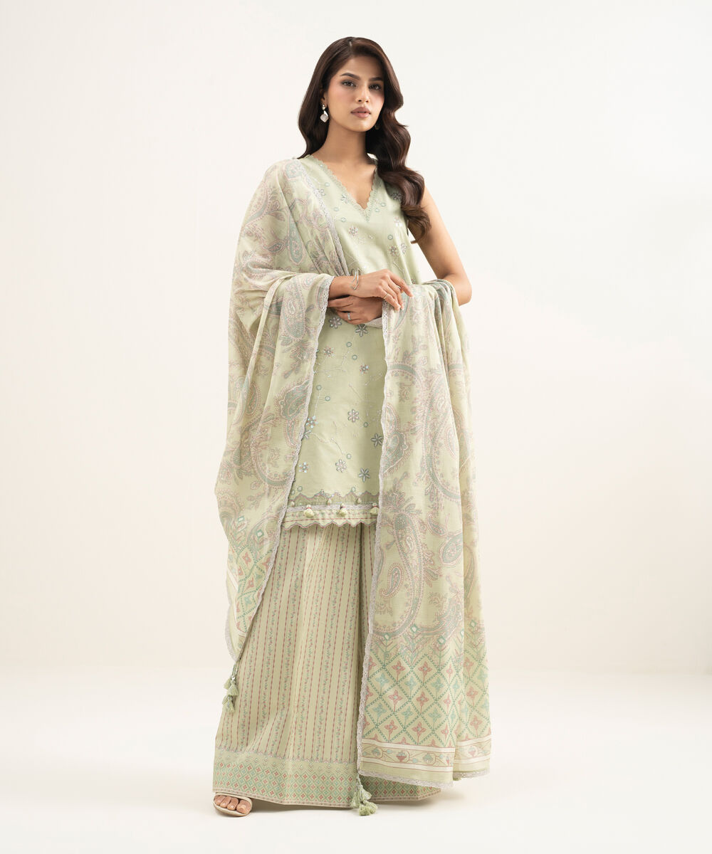 Women's Unstitched Lawn Embroidered Beige 3 Piece Suit