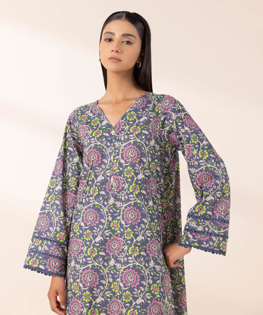 Women's Pret Cross Hatch Blue Printed A-Line Shirt