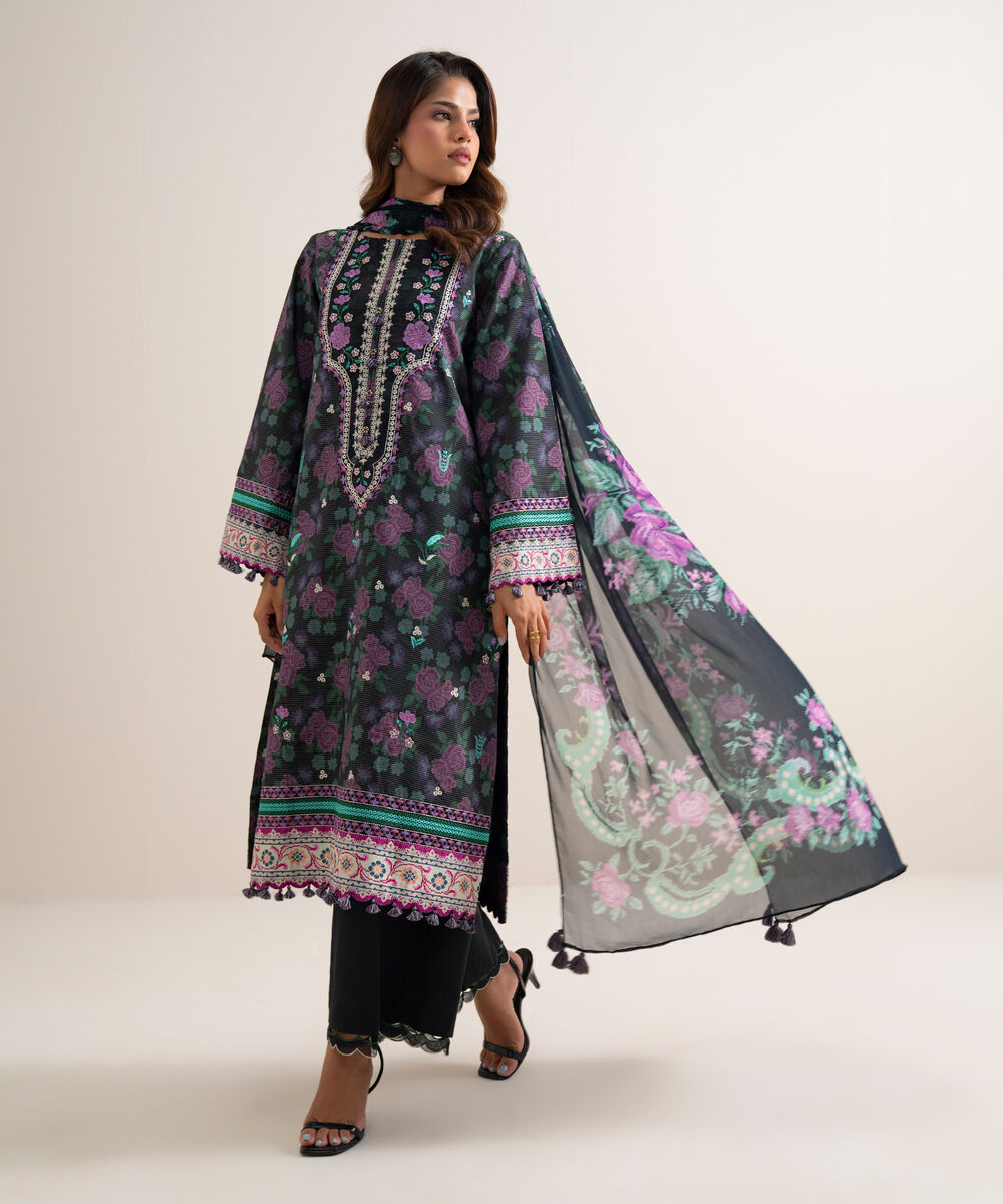 Women's Unstitched Zari Cotton Embroidered Black 3 Piece Suit