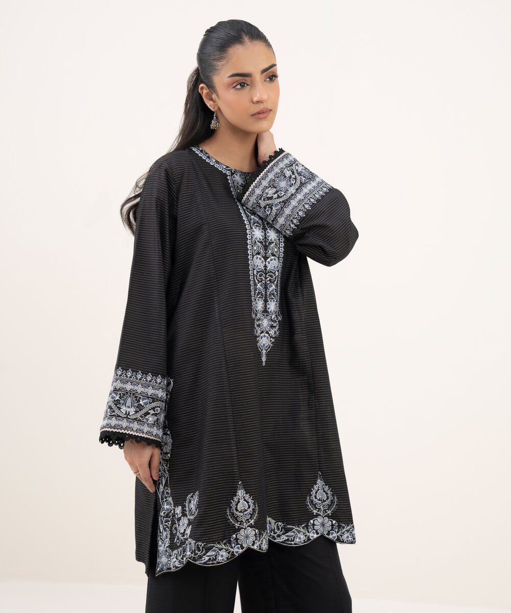 Women's RTW Zari Cotton Embroidered Straight Black Shirt