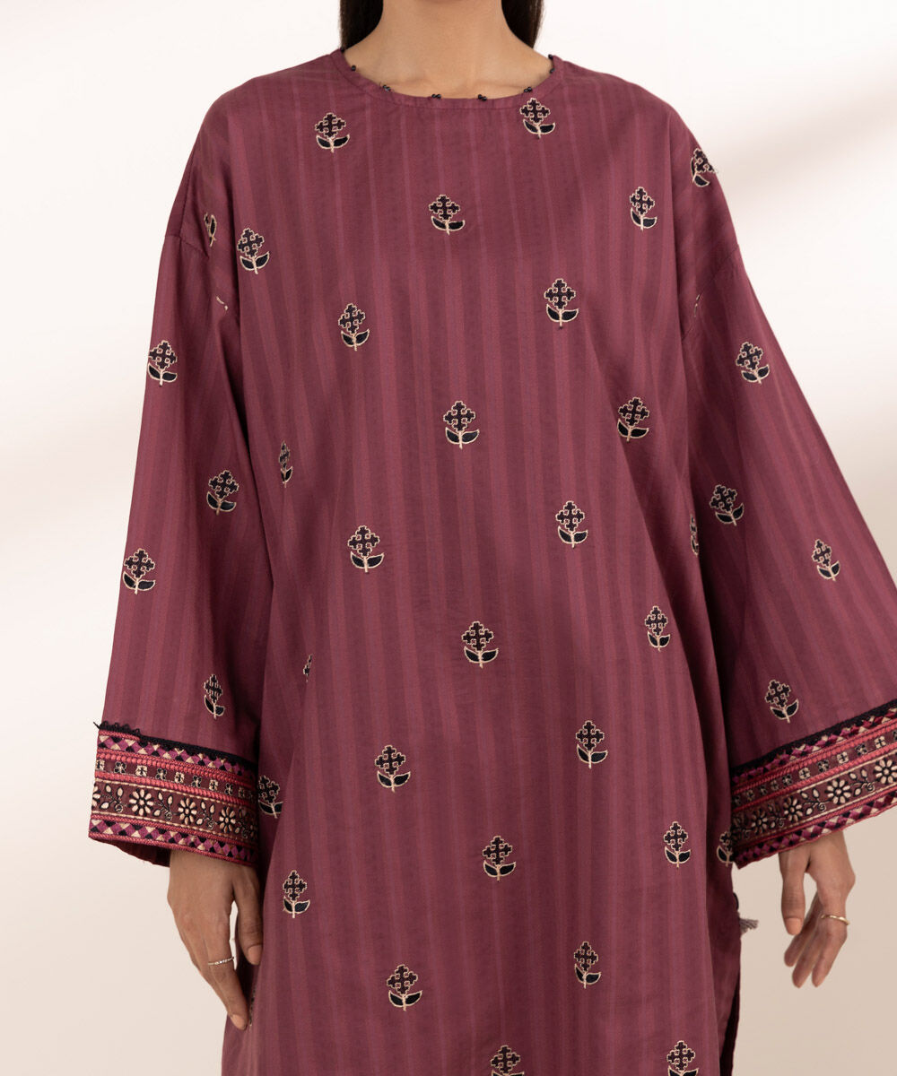 Women's RTW Textured Cotton Red Embroidered Boxy Shirt