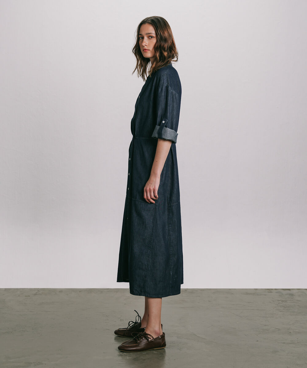 Women's Western Wear Blue Denim Dress With Waist Pleats