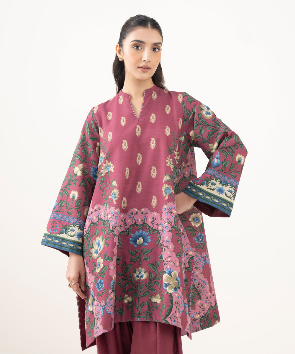 Women's Unstitched Light Khaddar Printed Pink 2 Piece Suit