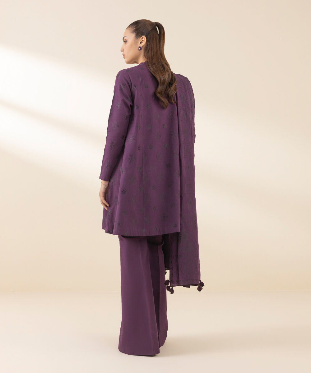 Unstitched Women's Printed Extra Weft Jacquard Purple Three Piece Suit