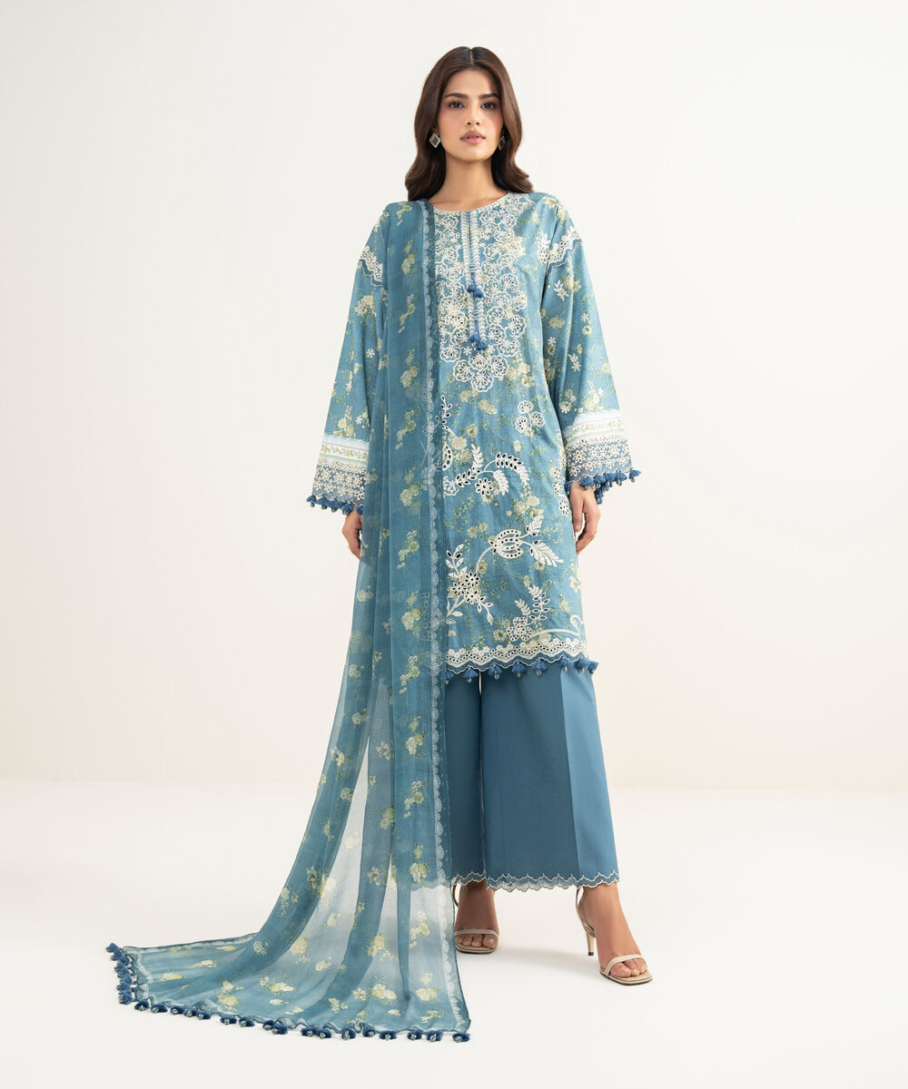 Women's Unstitched Fine Lawn Embroidered Blue 3 Piece Suit
