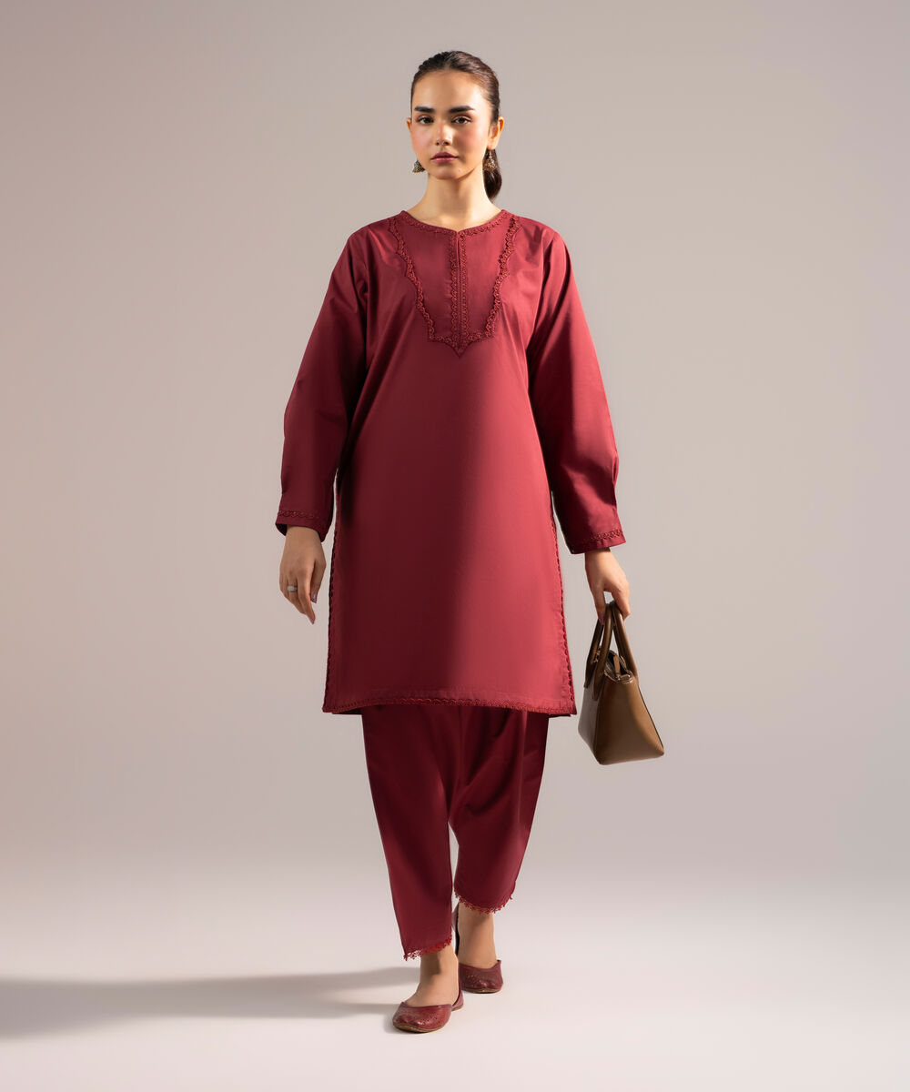 Women's RTW Poplin Solid Maroon Straight Shirt
