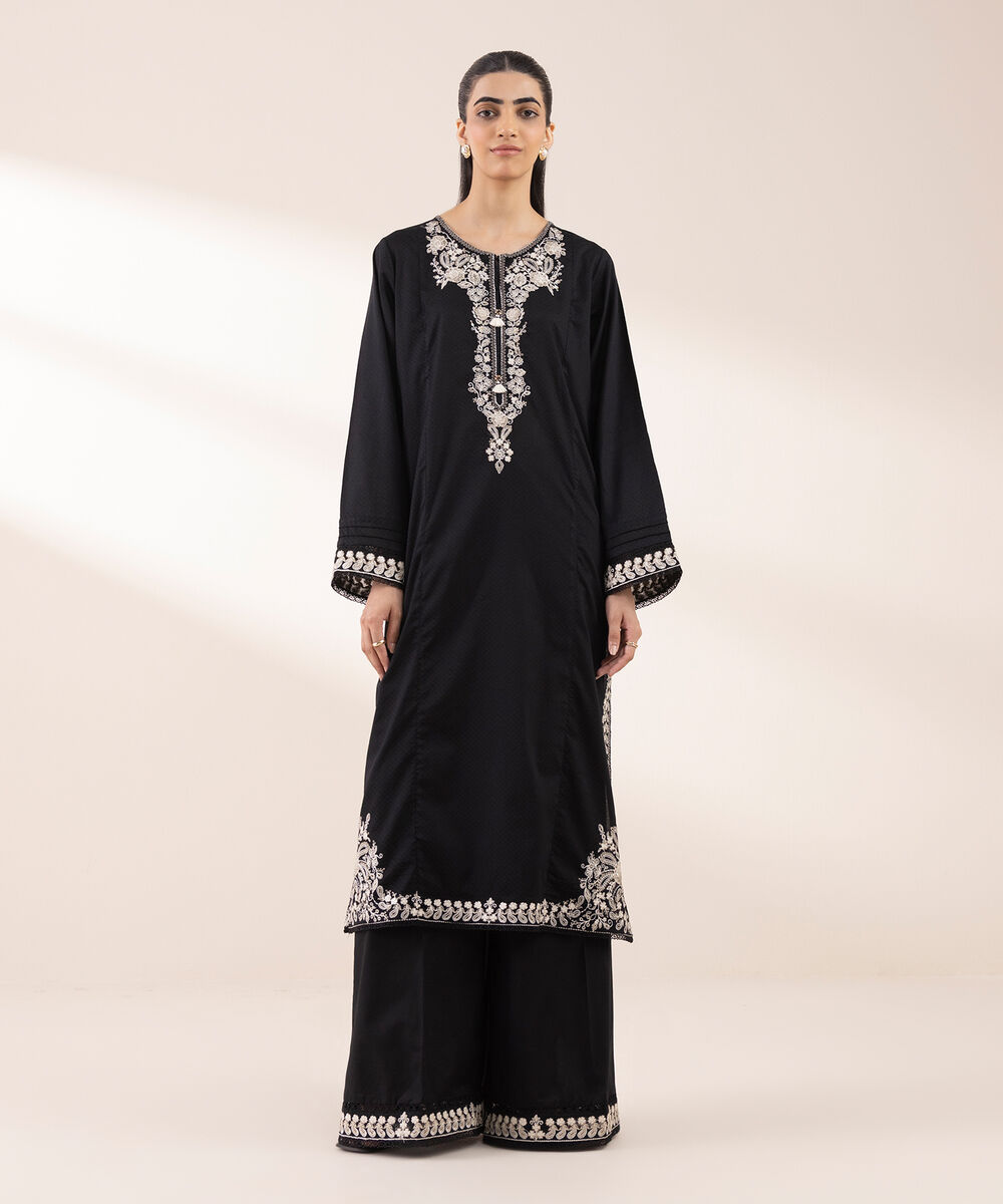 Women's RTW Dobby Black Embroidered A-Line Shirt