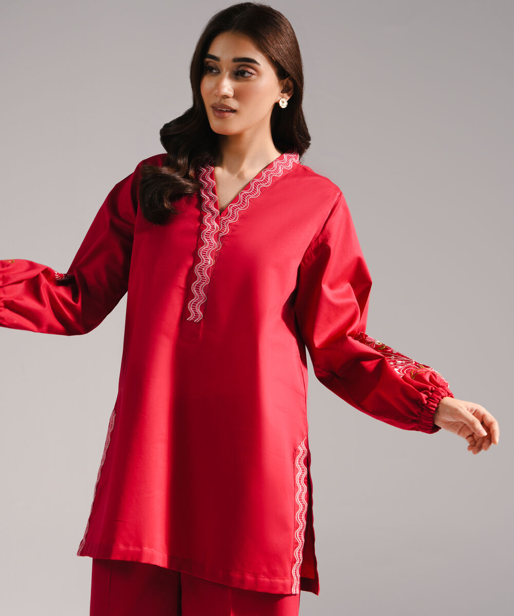 Women's RTW Textured Cotton Embroidered Straight Red Shirt