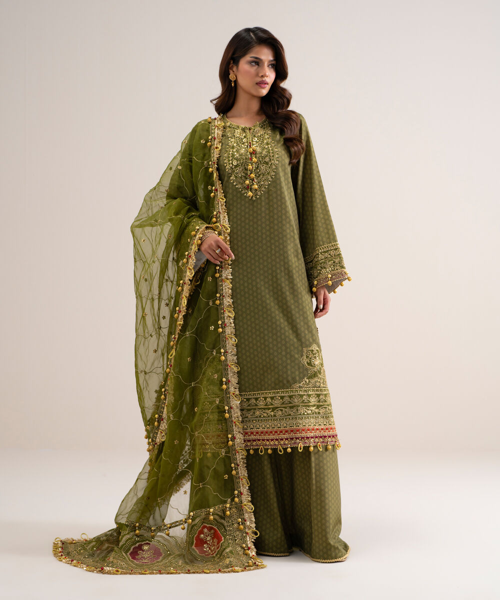 Women's Unstitched Printed Blended Grip Silk Green 3 Piece Suit