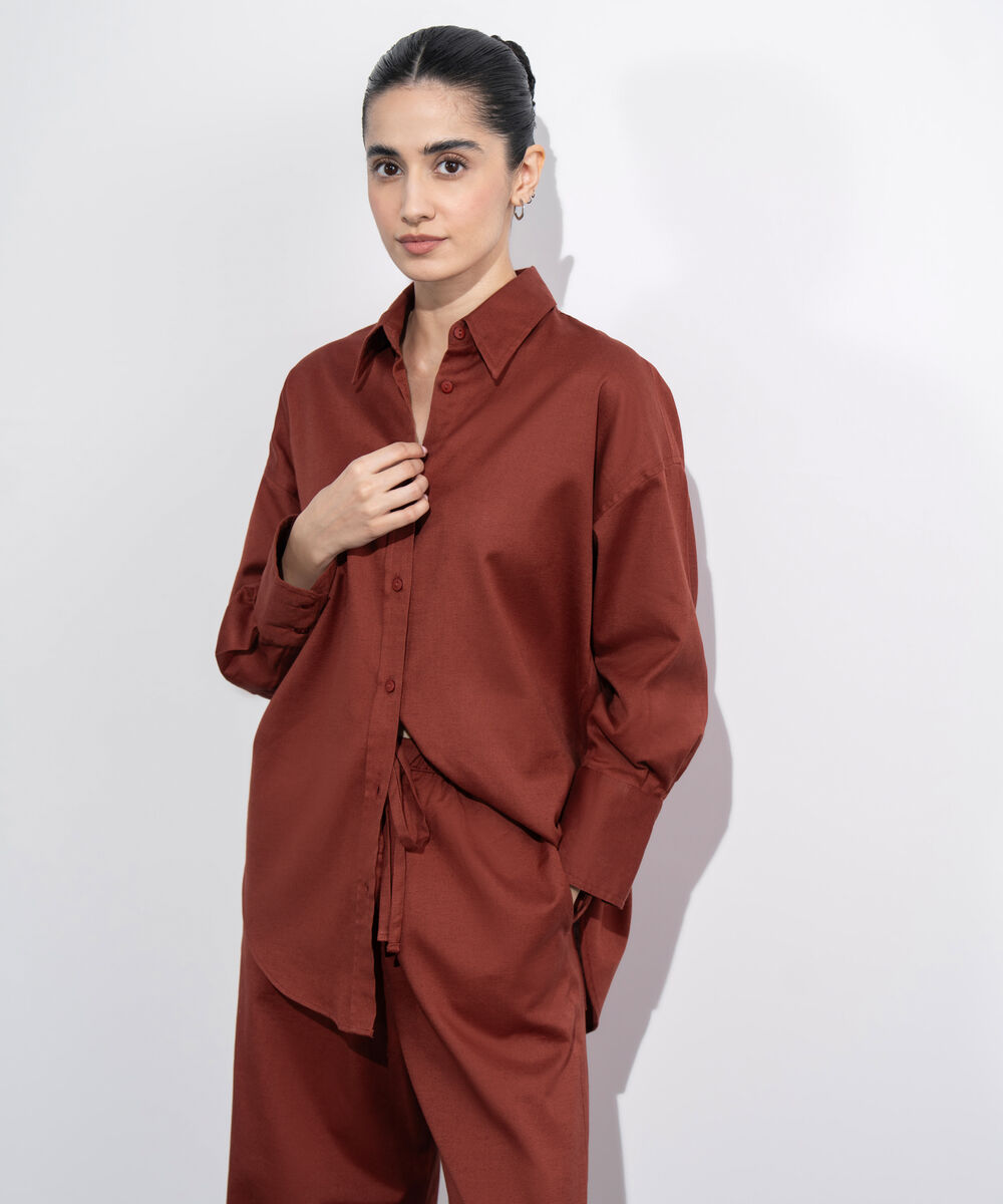 Women's Western Wear Maroon Loose Fit Linen Blend Shirt
