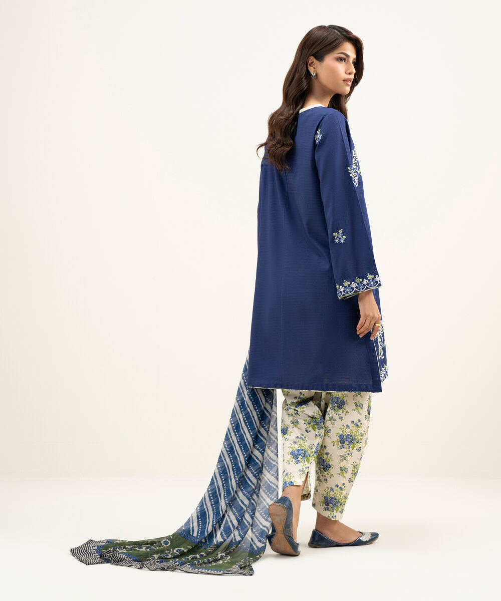 Women's RTW Dobby Embroidered Dark Blue 3 Piece Suit