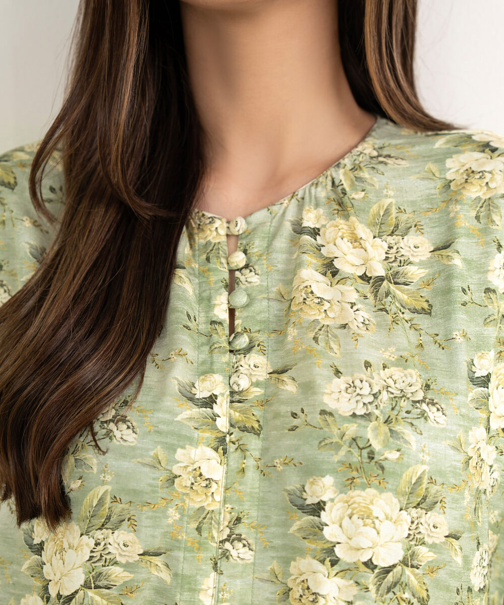 Women's RTW Arabic Lawn Green Printed Drop Shoulder Shirt