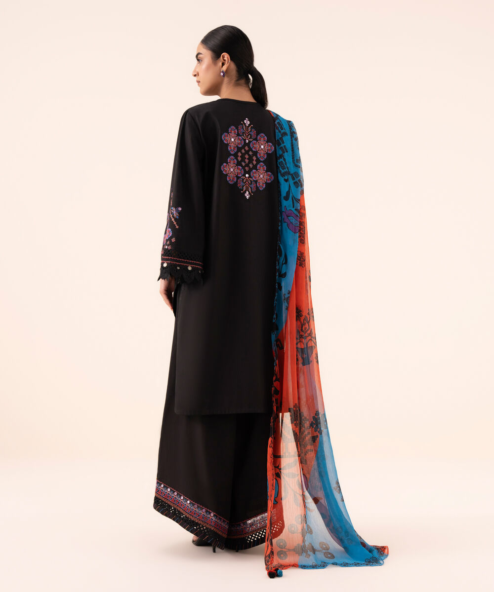 Women's Unstitched Cotton Embroidered Black 3 Piece Suit