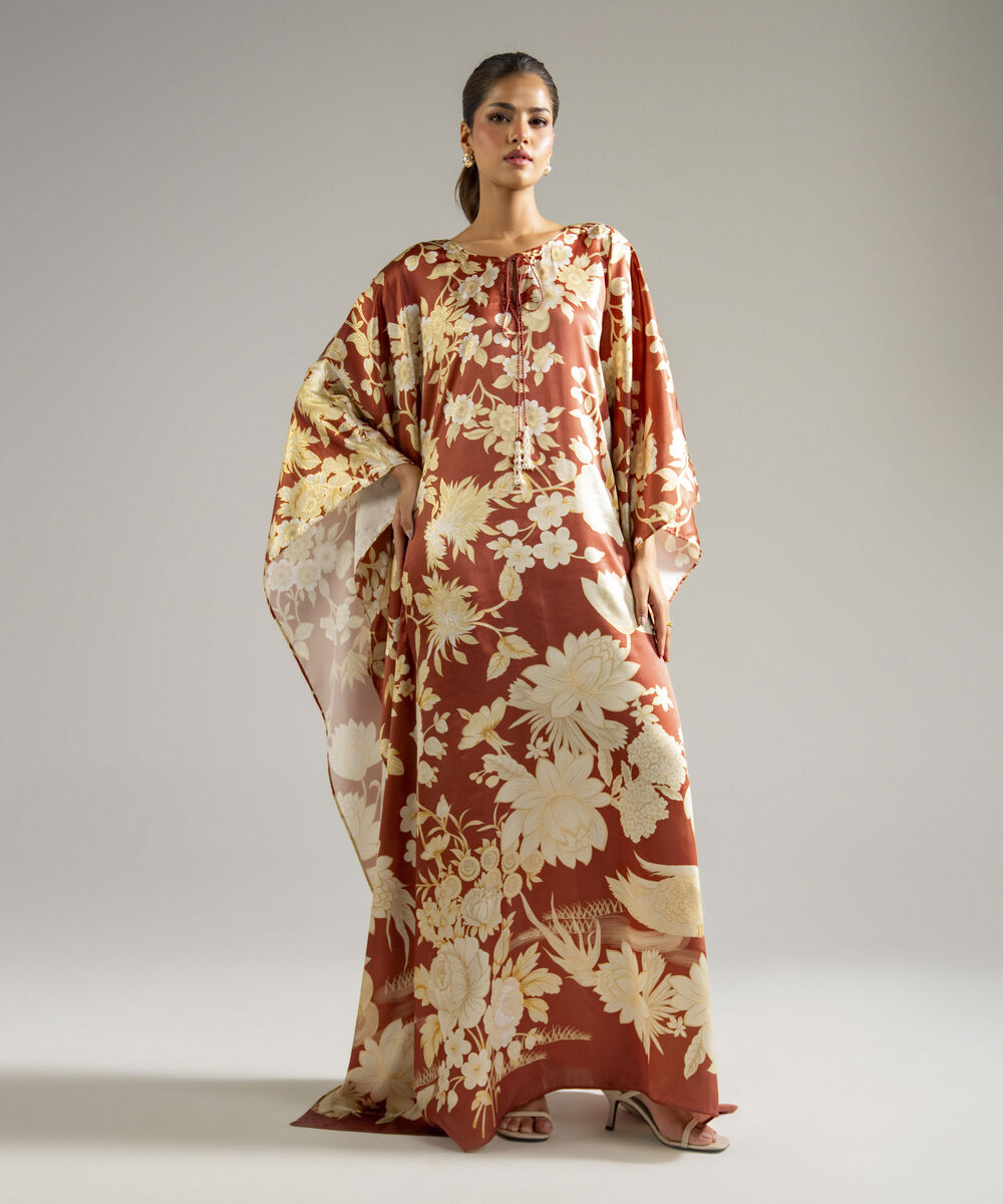 Women's RTW Blended Satin Printed Brown Kaftan