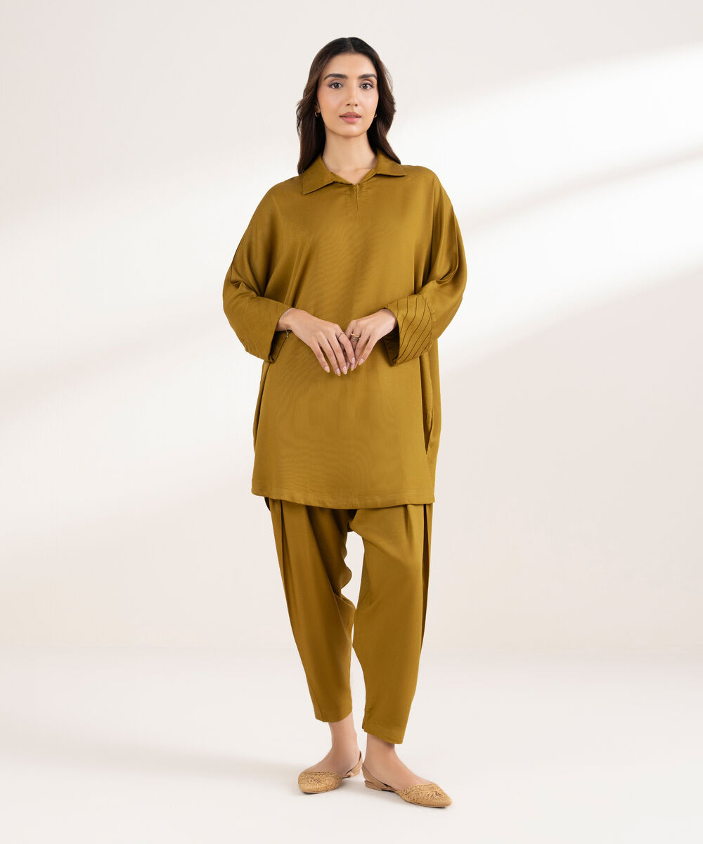 Women's RTW Bedford Solid Drop Shoulder Mustard Shirt