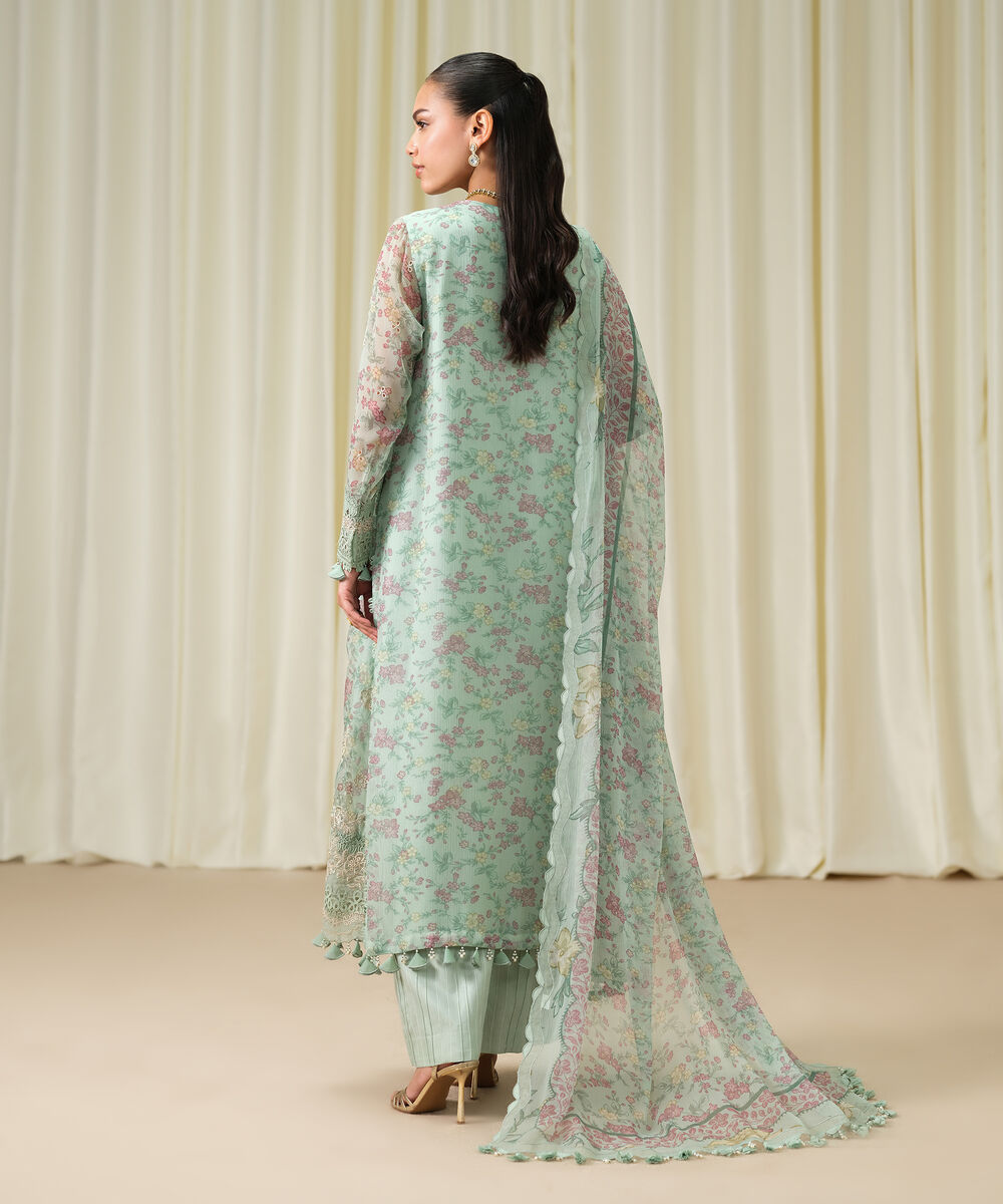 Women's Unstitched Blended Chiffon Embroidered Blue 3 Piece Suit