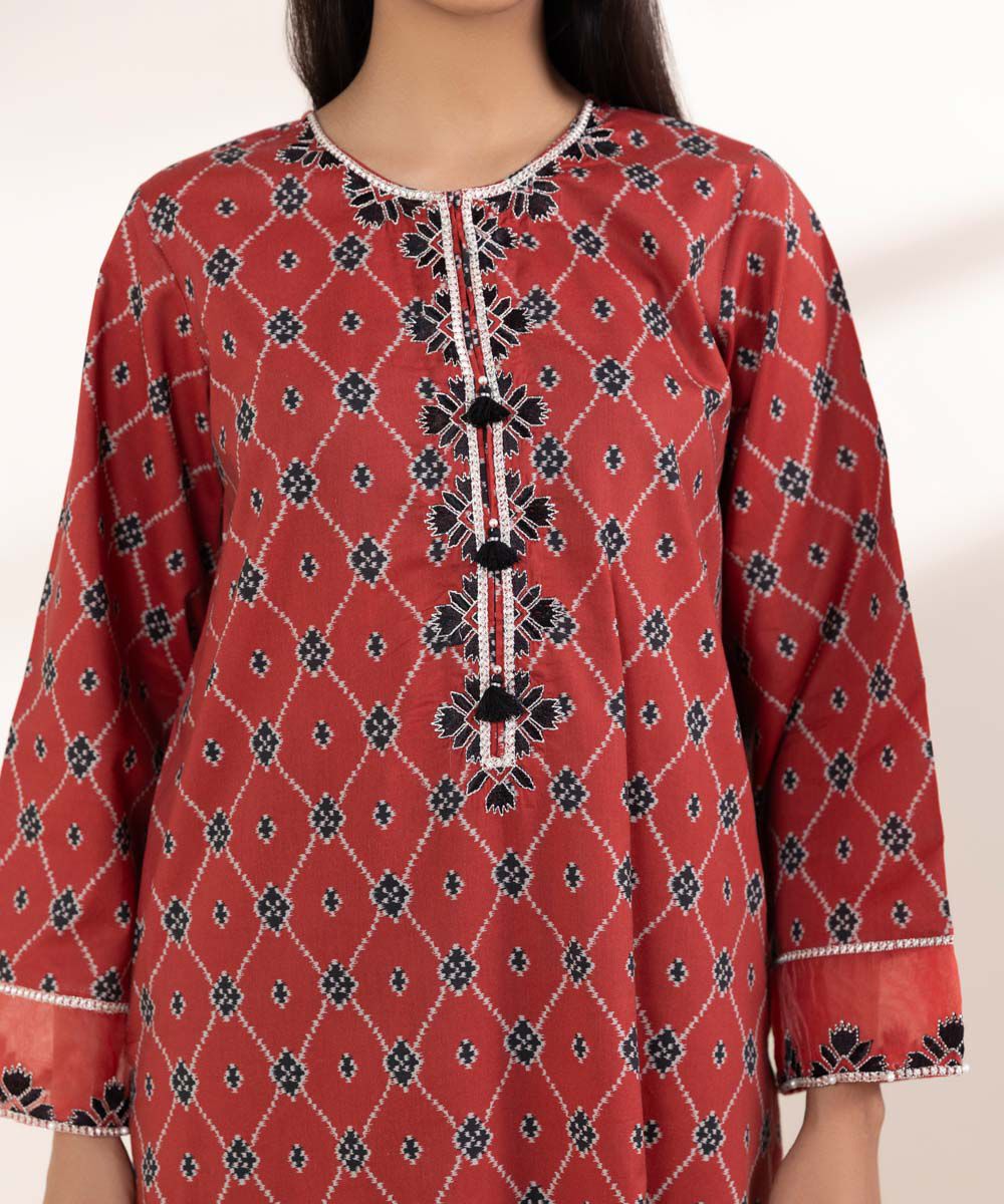 Women's RTW Cotton Viscose Red Embroidered A-Line Shirt