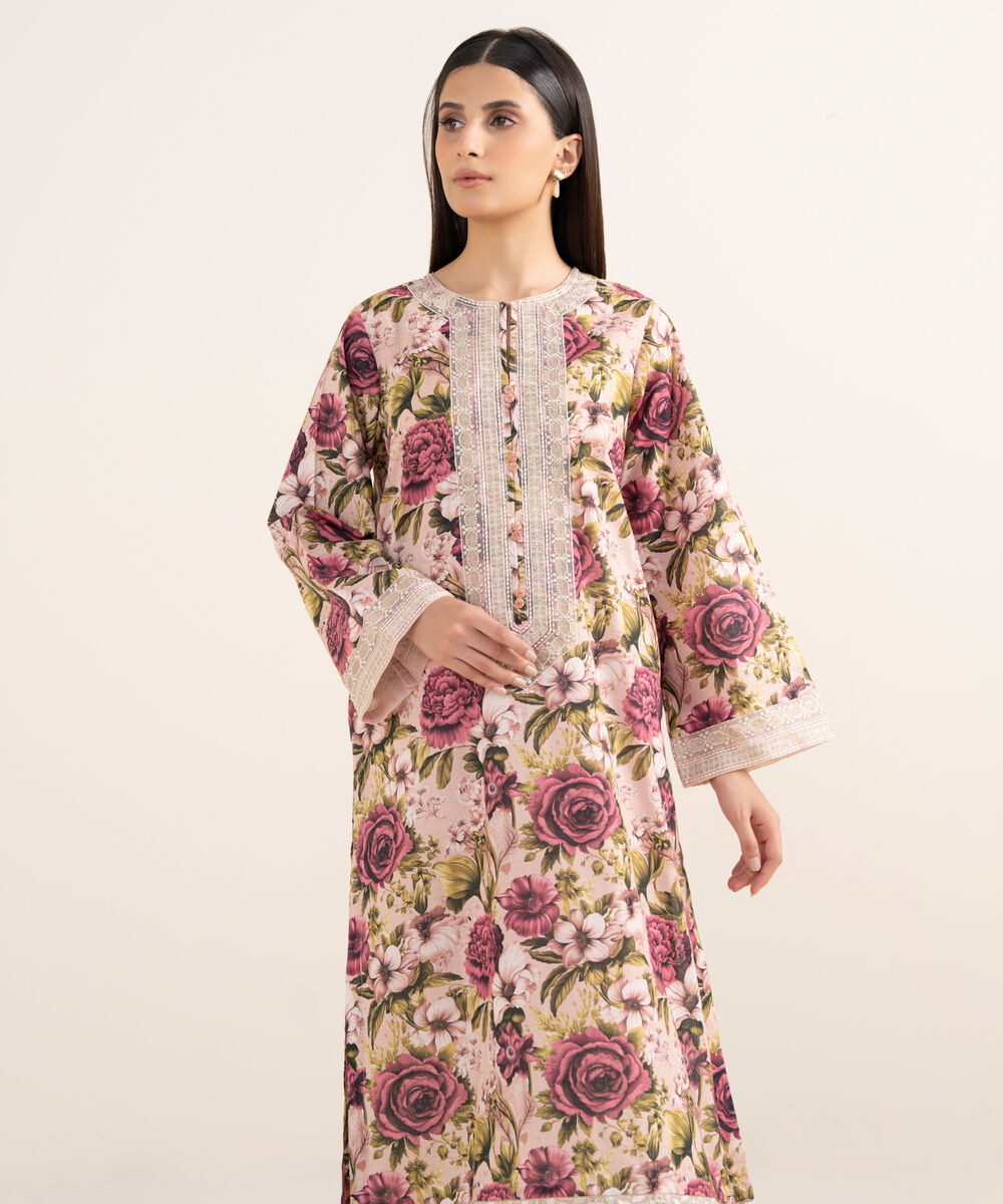 Women's RTW Textured Lawn Pink Embroidered Straight Shirt