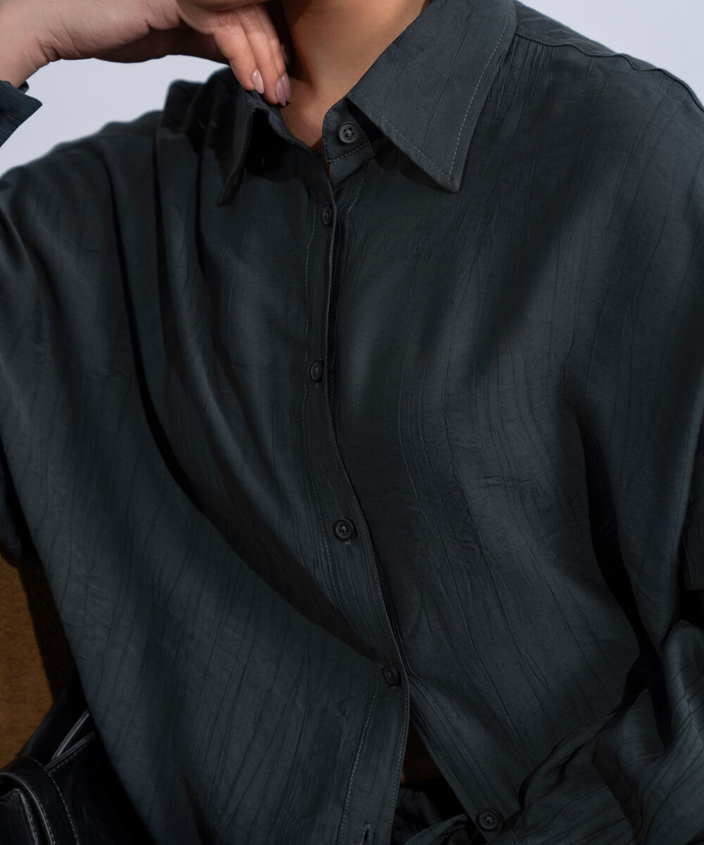 Women's Western Dark Grey Oversized Textured Shirt