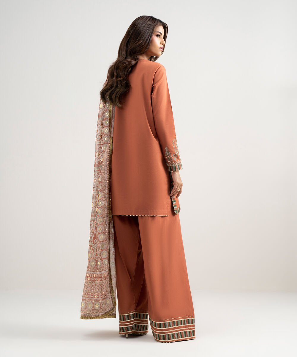 Women's Unstitched Lawn Embroidered Orange 3 Piece Suit
