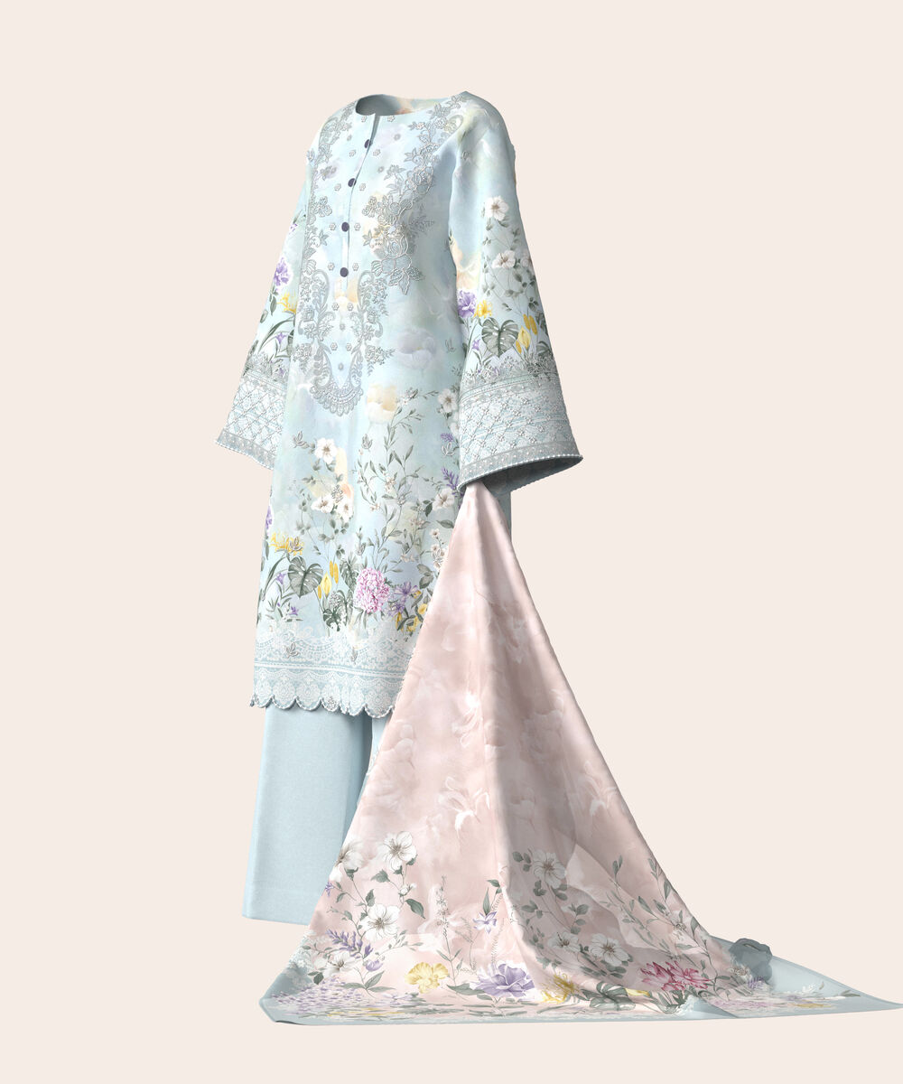 Women's Unstitched Lawn Light blue  Embroidered 3 Piece Suit
