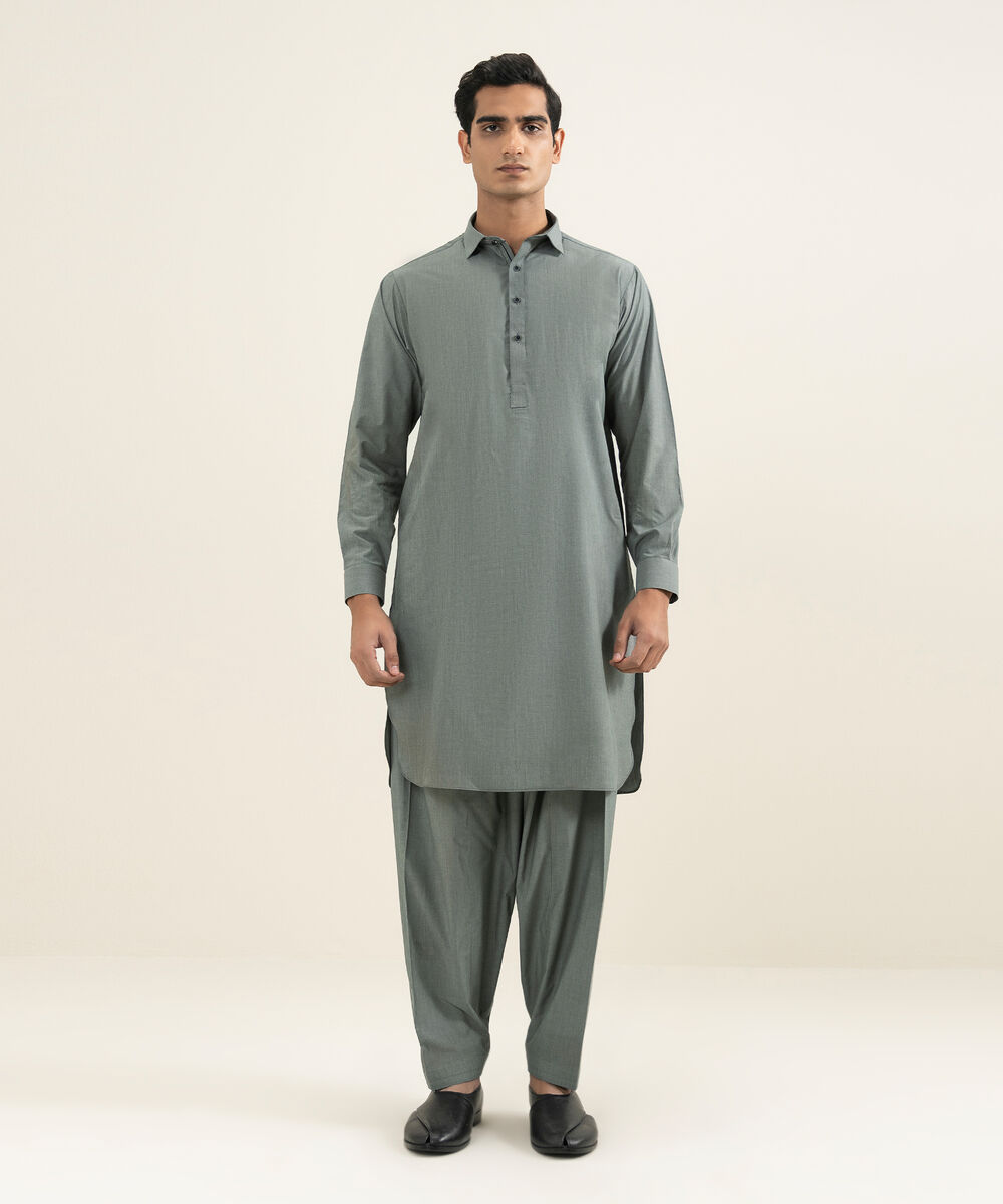 Men's grey Blended Yarn Dyed Kameez Shalwar