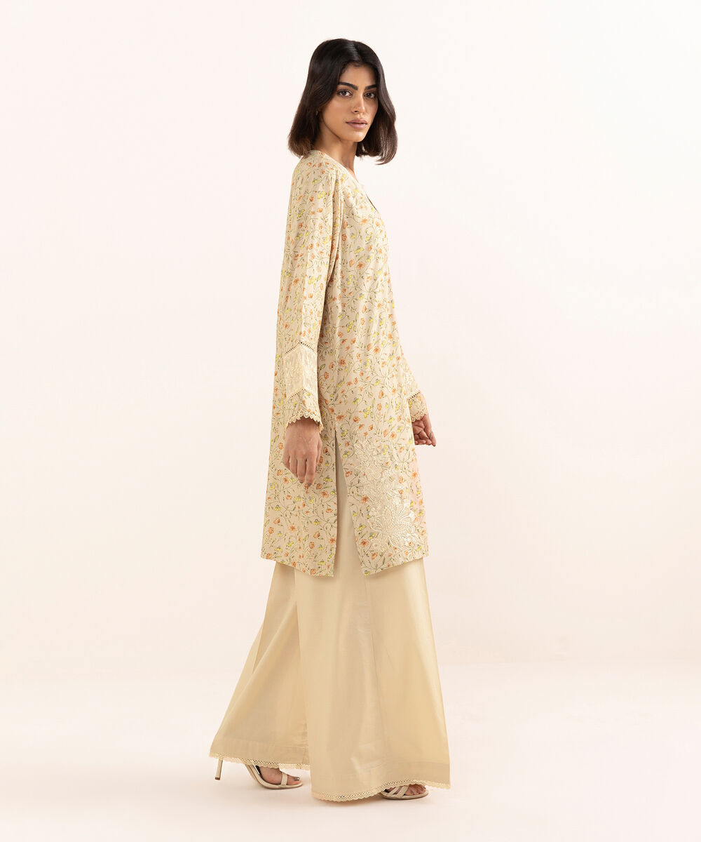 Women's RTW Arabic Lawn Beige Embroidered A-Line Shirt