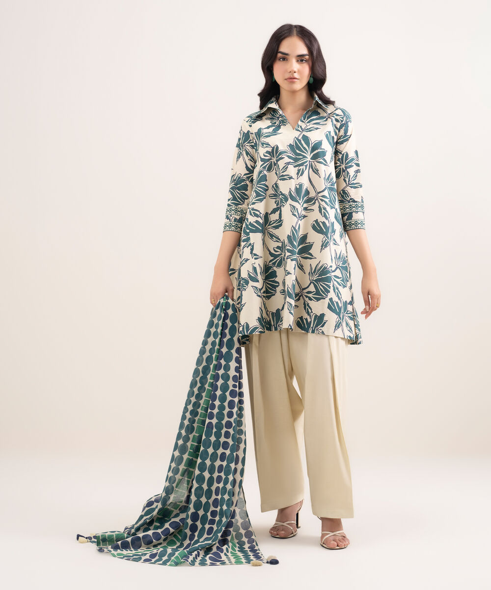 Women's Unstitched Lawn Printed Green 3 Piece Suit